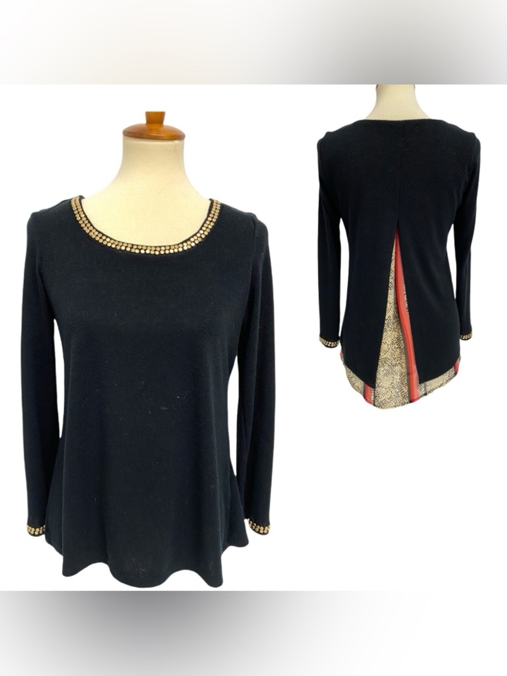 (A5) Harmony Black Embellished Neckline Split Back Tunic Top - Size Medium - EUC